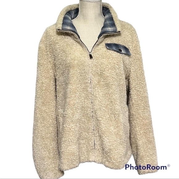 Pendleton Beige deep pile Sherpa fleece plaid accent full zip cozy warm jacket - Picture 6 of 9